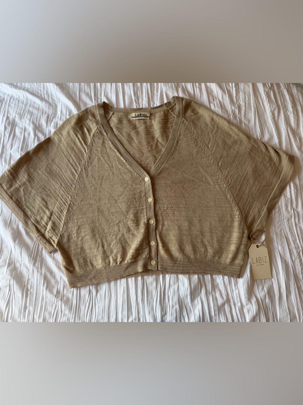 Tan Cropped Button-Front Short-Sleeve Cardigan Shrug